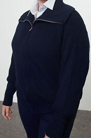 Kadın Büyük Beden Moda Şık Regular Devrik Yaka Uzun Kol Düz Devrik Yaka Fermuarlı Crop Triko Hırka