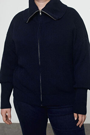 Kadın Büyük Beden Moda Şık Regular Devrik Yaka Uzun Kol Düz Devrik Yaka Fermuarlı Crop Triko Hırka