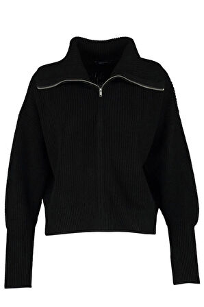 Kadın Büyük Beden Moda Şık Regular Devrik Yaka Uzun Kol Düz Devrik Yaka Fermuarlı Crop Triko Hırka