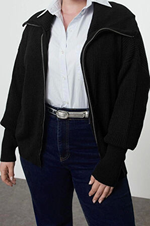 Kadın Büyük Beden Moda Şık Regular Devrik Yaka Uzun Kol Düz Devrik Yaka Fermuarlı Crop Triko Hırka