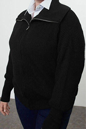 Kadın Büyük Beden Moda Şık Regular Devrik Yaka Uzun Kol Düz Devrik Yaka Fermuarlı Crop Triko Hırka