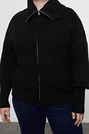 Kadın Büyük Beden Moda Şık Regular Devrik Yaka Uzun Kol Düz Devrik Yaka Fermuarlı Crop Triko Hırka