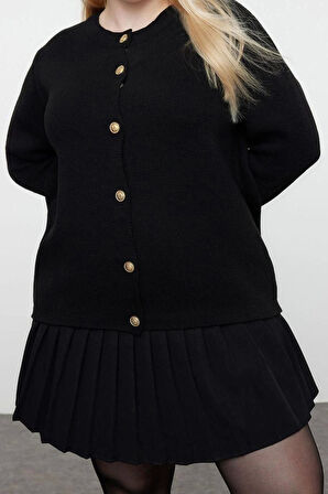 Kadın Moda Şık Büyük Beden Bisiklet Yaka Standart Kol Regular Düğmeli Triko Hırka