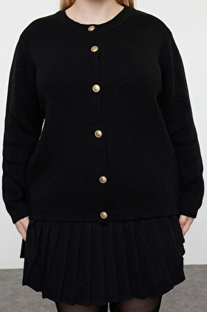 Kadın Moda Şık Büyük Beden Bisiklet Yaka Standart Kol Regular Düğmeli Triko Hırka