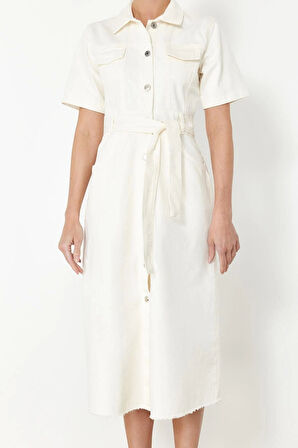 Kadın Moda Şık Maxi Boy Gömlek Yaka Denim Kemerli Elbise