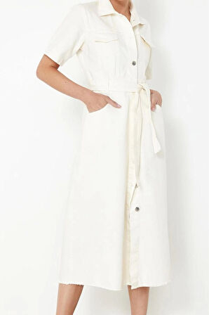 Kadın Moda Şık Maxi Boy Gömlek Yaka Denim Kemerli Elbise