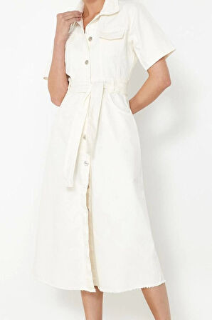 Kadın Moda Şık Maxi Boy Gömlek Yaka Denim Kemerli Elbise