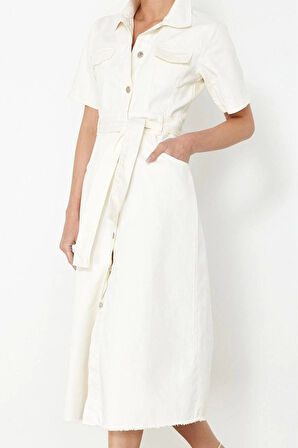 Kadın Moda Şık Maxi Boy Gömlek Yaka Denim Kemerli Elbise