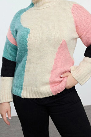 Kadın Büyük Beden Moda Şık Regular Dik Yaka Uzun Kol Renk Bloklu Triko Kazak