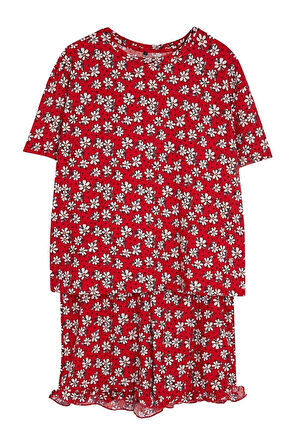 Büyük Beden Kadın Polyester Bisiklet Yaka Kısa Kol Çiçek Desenli Örme Pijama Takımı