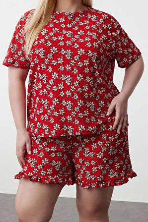 Büyük Beden Kadın Polyester Bisiklet Yaka Kısa Kol Çiçek Desenli Örme Pijama Takımı