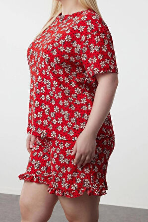 Büyük Beden Kadın Polyester Bisiklet Yaka Kısa Kol Çiçek Desenli Örme Pijama Takımı