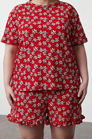 Büyük Beden Kadın Polyester Bisiklet Yaka Kısa Kol Çiçek Desenli Örme Pijama Takımı