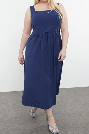 Yeni Fit Casual Günlük Poplin Dokuma Kare Yaka Askılı Kol Skater Mini Boy Büyük Beden Elbise