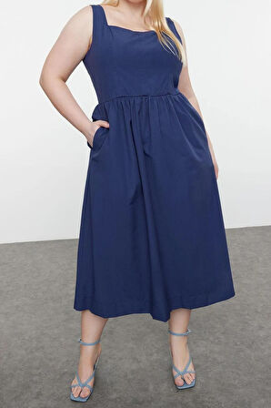 Yeni Fit Casual Günlük Poplin Dokuma Kare Yaka Askılı Kol Skater Mini Boy Büyük Beden Elbise