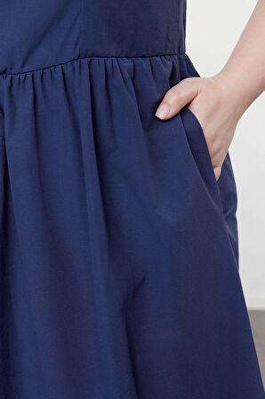 Yeni Fit Casual Günlük Poplin Dokuma Kare Yaka Askılı Kol Skater Mini Boy Büyük Beden Elbise