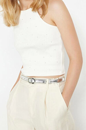 Kadın Moda Şık Crop Halter Yaka Slim Kalıp Örme Taş Detaylı Fitted Vücuda Oturan Fitilli Esnek Bluz