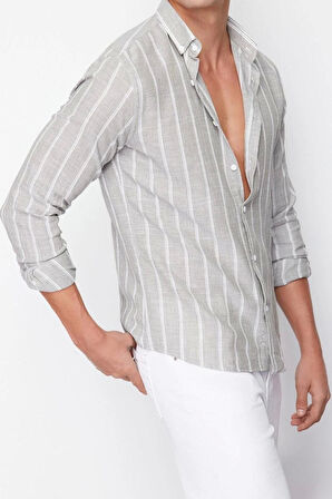 Erkek Moda Uzun Kol Dokuma Açık Haki Slim Fit Çizgili Gömlek