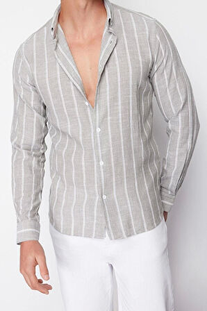 Erkek Moda Uzun Kol Dokuma Açık Haki Slim Fit Çizgili Gömlek