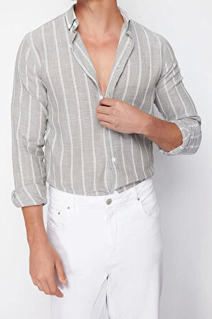 Erkek Moda Uzun Kol Dokuma Açık Haki Slim Fit Çizgili Gömlek