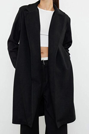 Kadın Moda Şık Regular Ceket Yaka Midi Düz Astarlı Kapamasız Yumuşak Dokulu Astarsız Örme Kaşe Kaban