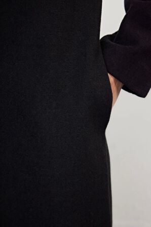 Kadın Moda Şık Regular Ceket Yaka Midi Düz Astarlı Kapamasız Yumuşak Dokulu Astarsız Örme Kaşe Kaban