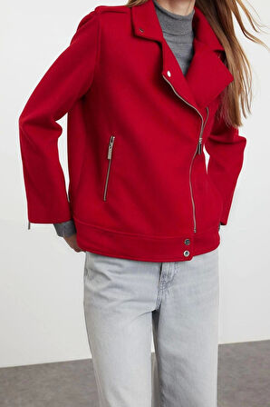 Kadın Moda Şık Regular Ceket Yaka Standart Düz Astarlı Regular Örme Kaşe Biker İnce Ceket Mont