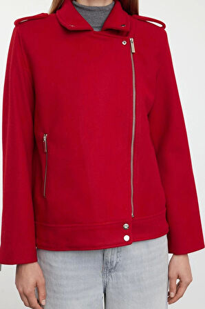 Kadın Moda Şık Regular Ceket Yaka Standart Düz Astarlı Regular Örme Kaşe Biker İnce Ceket Mont