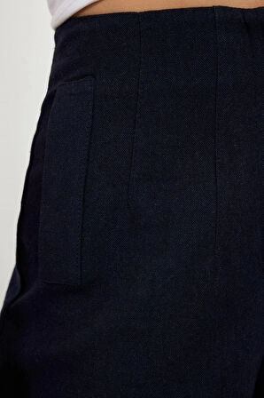 Kadın Yeni Moda Geniş Paça Regular Boy Dokuma Keten Görünümlüwide Leg Geniş Paça Yüksek Bel Pantolon