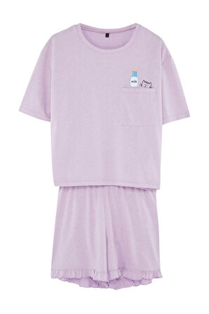 Kadın Pamuklu Bisiklet Yaka Kısa Kol Pamuklu Baskılı T-shirt-Şort Örme Pijama Takımı