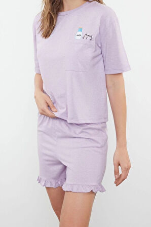 Kadın Pamuklu Bisiklet Yaka Kısa Kol Pamuklu Baskılı T-shirt-Şort Örme Pijama Takımı