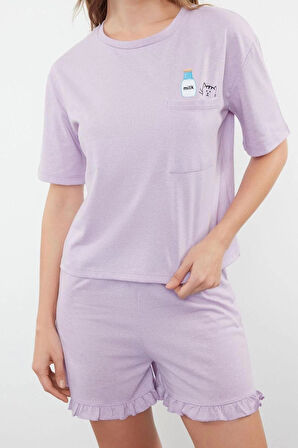 Kadın Pamuklu Bisiklet Yaka Kısa Kol Pamuklu Baskılı T-shirt-Şort Örme Pijama Takımı