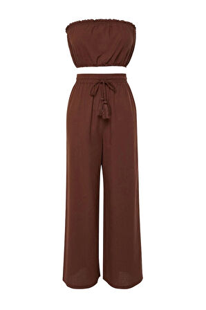 Kadın Moda Şık Regular Kısa Boy Uzun Kollu Kahverengİ Dokuma %100 Pamuklu Bluz Pantolon Takım