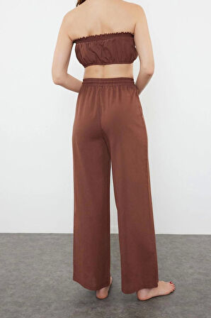 Kadın Moda Şık Regular Kısa Boy Uzun Kollu Kahverengİ Dokuma %100 Pamuklu Bluz Pantolon Takım