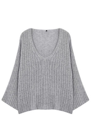 Kadın Büyük Beden Moda Şık Regular V Yaka Uzun Kol Düz Fitilli Triko Kazak
