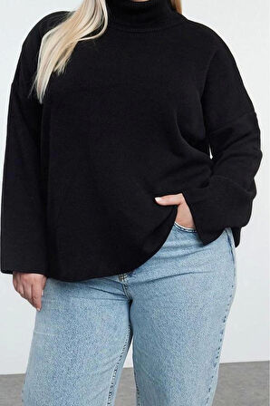 Kadın Büyük Beden Moda Şık Regular Balıkçı Yaka Uzun Kol Düz Balıkçı Yaka Geniş Kalıp Triko Kazak