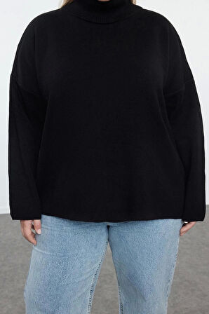 Kadın Büyük Beden Moda Şık Regular Balıkçı Yaka Uzun Kol Düz Balıkçı Yaka Geniş Kalıp Triko Kazak