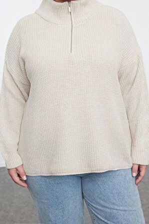 Kadın Moda Şık Büyük Beden Dik Yaka Düşük Kol Regular Fermuarlı Yaka Triko Kazak