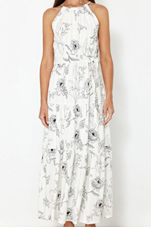 Kadın Moda Şık Maxi Boy Halter Yaka Regular Animal Shift Boyundan Bağlamalı Astarlı Dokuma Elbise