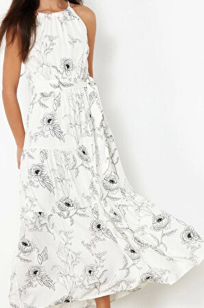 Kadın Moda Şık Maxi Boy Halter Yaka Regular Animal Shift Boyundan Bağlamalı Astarlı Dokuma Elbise