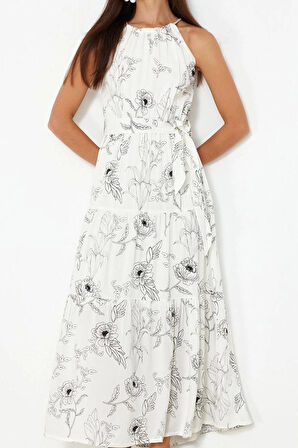 Kadın Moda Şık Maxi Boy Halter Yaka Regular Animal Shift Boyundan Bağlamalı Astarlı Dokuma Elbise