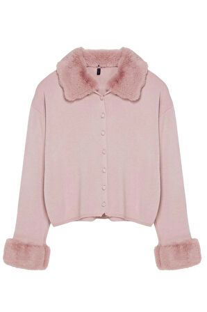 Kadın Moda Şık Regular Polo Yaka Regular Kürk Detaylı Triko Hırka