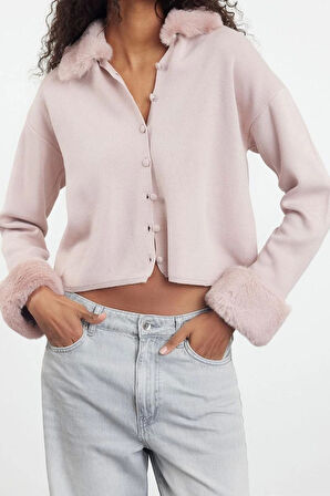 Kadın Moda Şık Regular Polo Yaka Regular Kürk Detaylı Triko Hırka