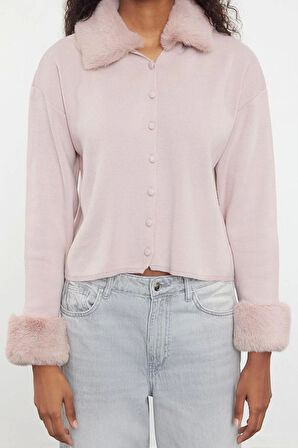 Kadın Moda Şık Regular Polo Yaka Regular Kürk Detaylı Triko Hırka