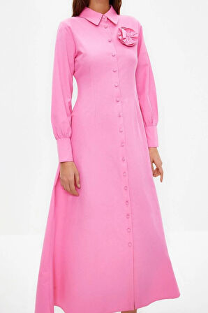 Yeni Regular Casual Günlük Poplin Dokuma Gömlek Yaka Uzun Kol A-Line Maxi Boy Tesettür Elbise