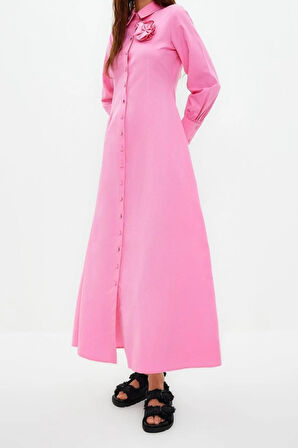 Yeni Regular Casual Günlük Poplin Dokuma Gömlek Yaka Uzun Kol A-Line Maxi Boy Tesettür Elbise