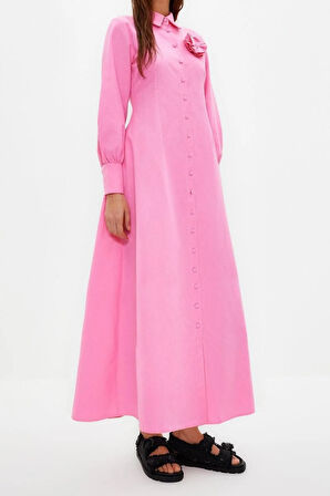 Yeni Regular Casual Günlük Poplin Dokuma Gömlek Yaka Uzun Kol A-Line Maxi Boy Tesettür Elbise