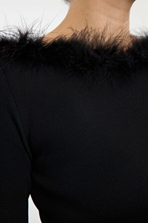 Kadın Moda Şık Carmen Yaka Standart Kol Regular Yaka Detaylı Triko Kazak