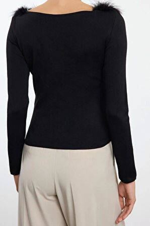 Kadın Moda Şık Carmen Yaka Standart Kol Regular Yaka Detaylı Triko Kazak