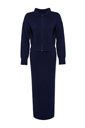 Kadın Moda Şık Regular Boy Uzun Kollu Fermuarlı Triko Alt-Üst Takım